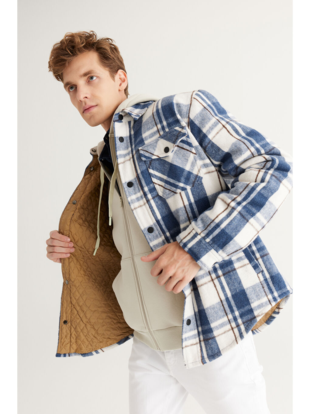 Erkek Lacivert Standart Fit Normal Kesim Klasik Yaka Kareli Gömlek Ceket-3