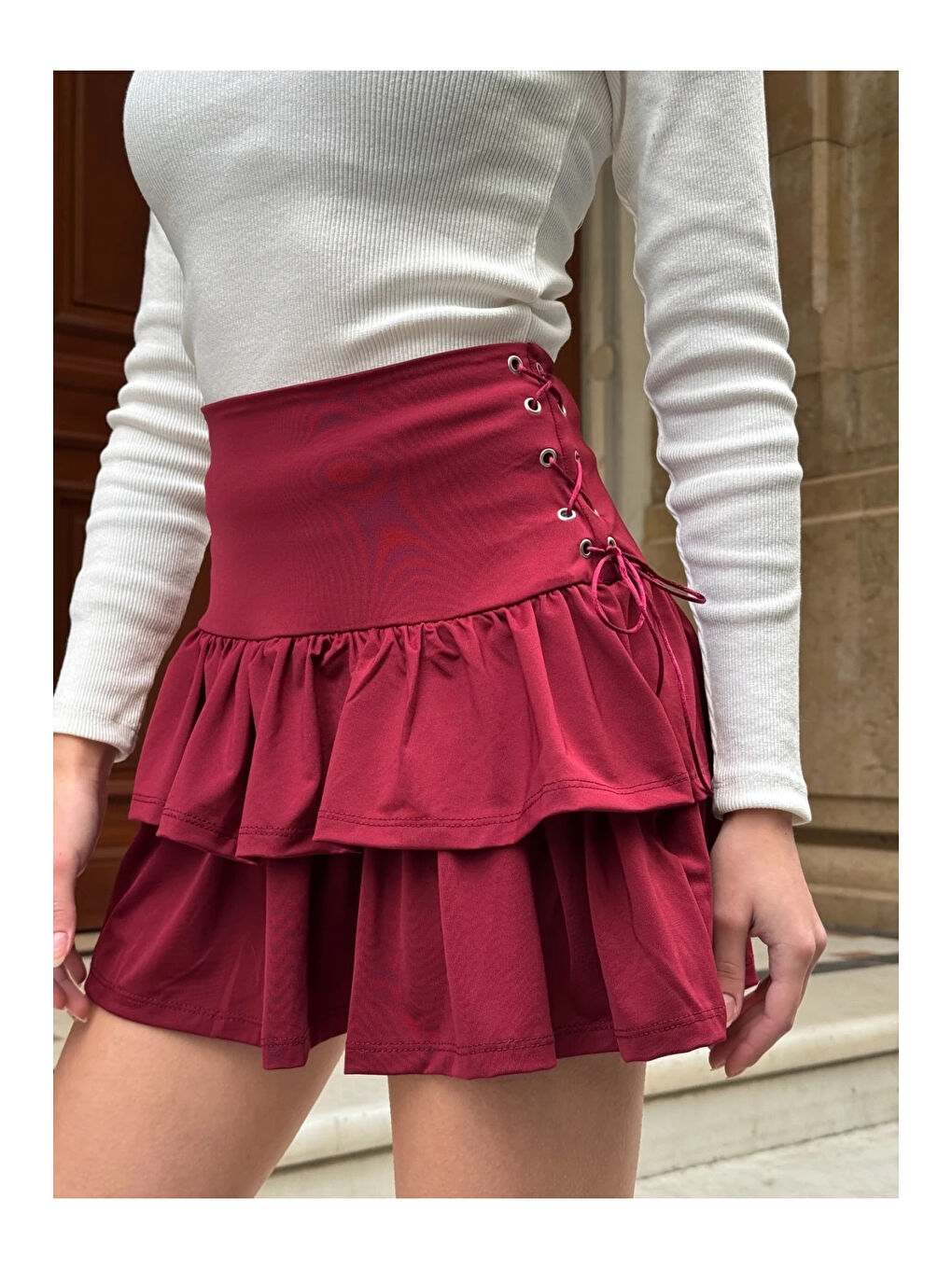 Kadın Bordo Kuş Gözlü Fır Fır Detaylı Mini Etek HZL25W-ZK11391-2