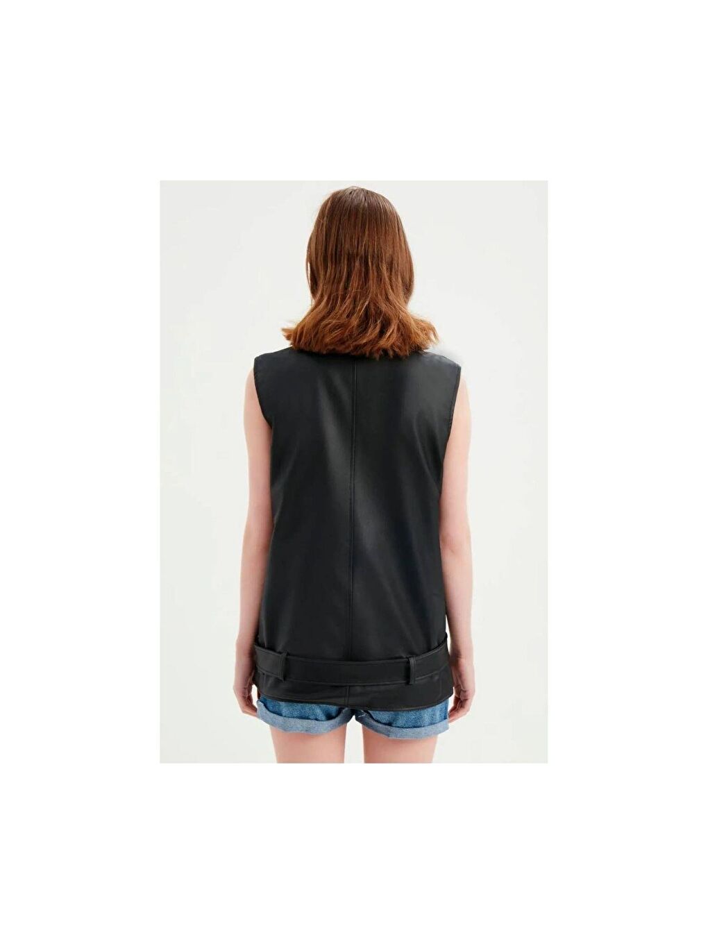 Kadın Siyah Deri Biker Oversize Yelek-3