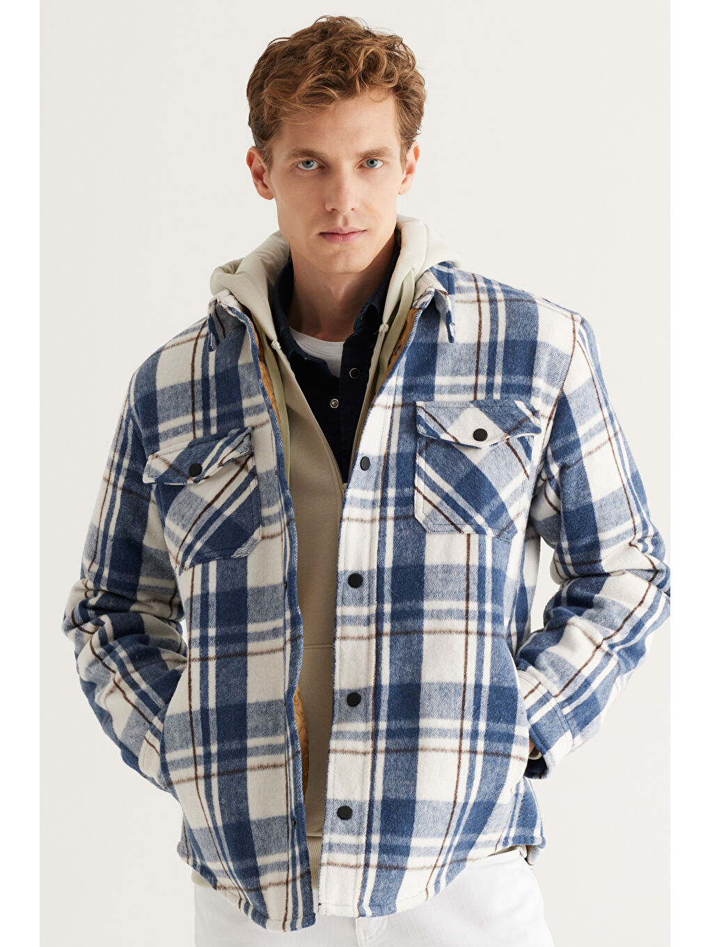 Erkek Lacivert Standart Fit Normal Kesim Klasik Yaka Kareli Gömlek Ceket-4