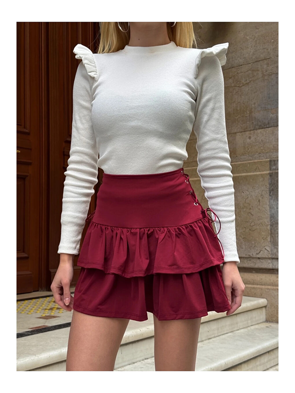 Kadın Bordo Kuş Gözlü Fır Fır Detaylı Mini Etek HZL25W-ZK11391-3