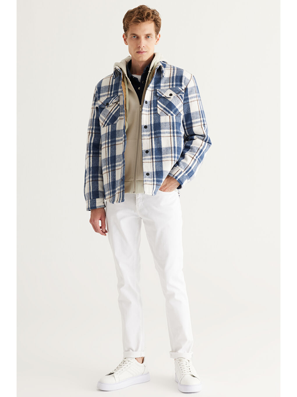 Erkek Lacivert Standart Fit Normal Kesim Klasik Yaka Kareli Gömlek Ceket-6