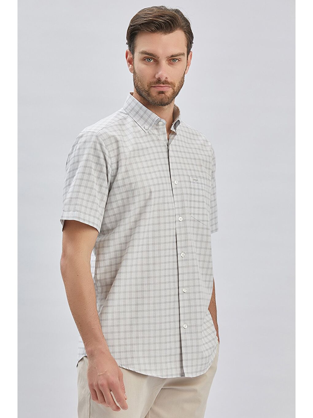 Gri Kısa Kollu Ekoseli Cepli Garnili Pamuklu Klasik Comfort Fit Rahat Kesim Gömlek 1004240221-3