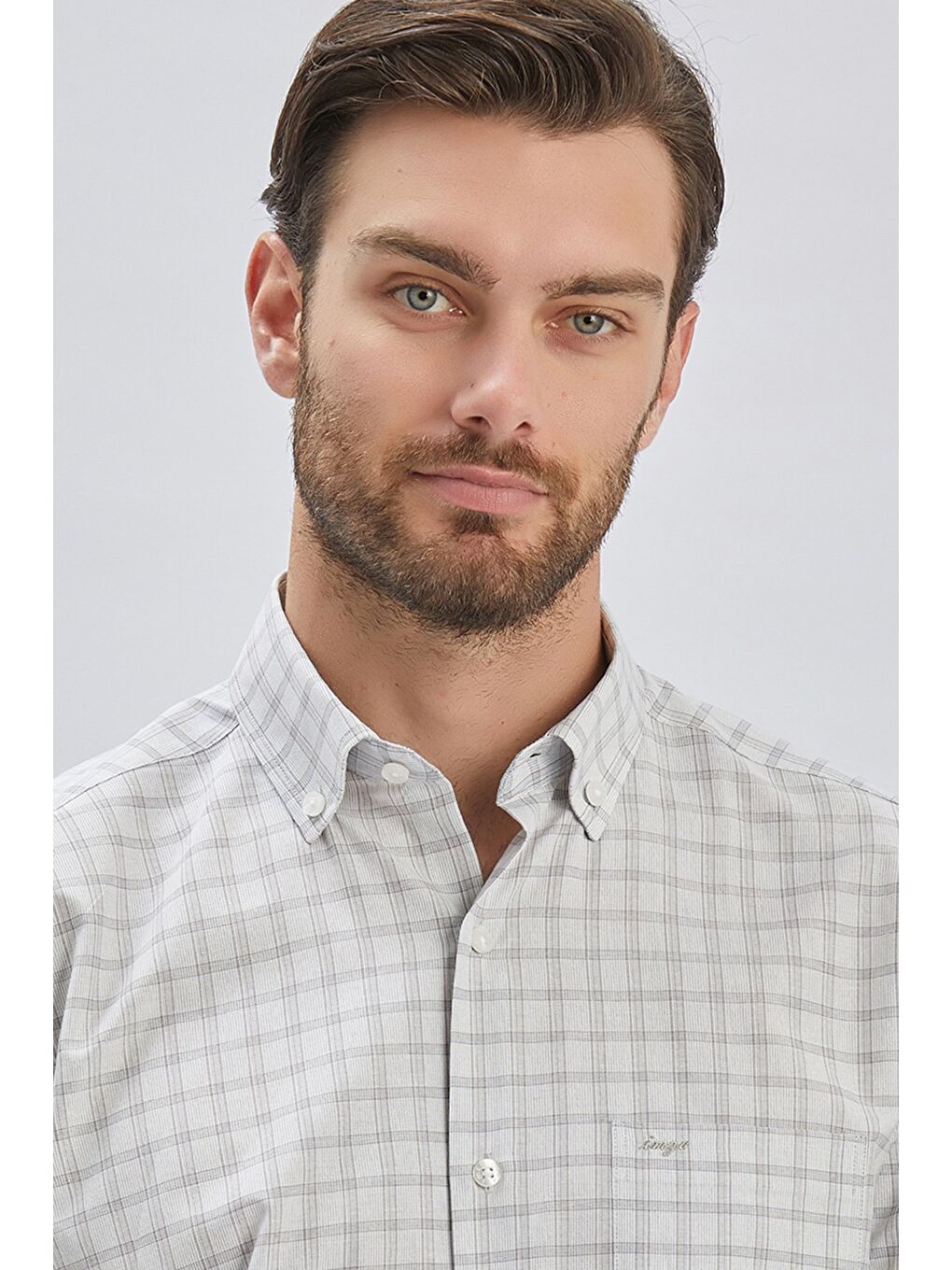 Gri Kısa Kollu Ekoseli Cepli Garnili Pamuklu Klasik Comfort Fit Rahat Kesim Gömlek 1004240221-5