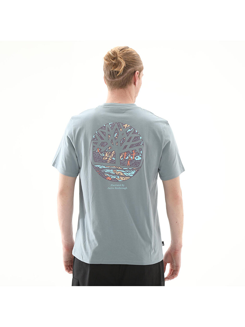 Illustrated Tree Logo Back Graphic Erkek Gri Yuvarlak Yaka Tişört-3