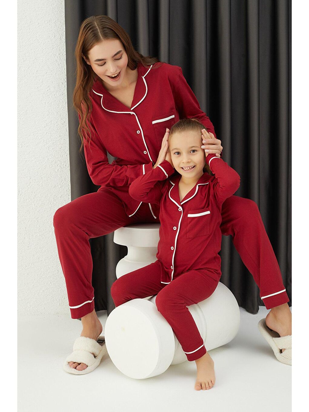 Bordo Kız Çocuk Pamuklu Düğmeli Pijama Takım