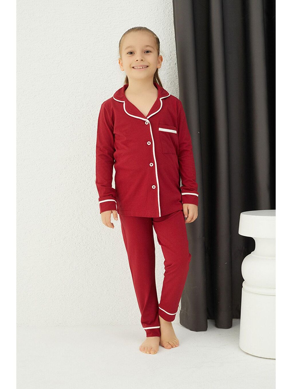 Bordo Kız Çocuk Pamuklu Düğmeli Pijama Takım-1