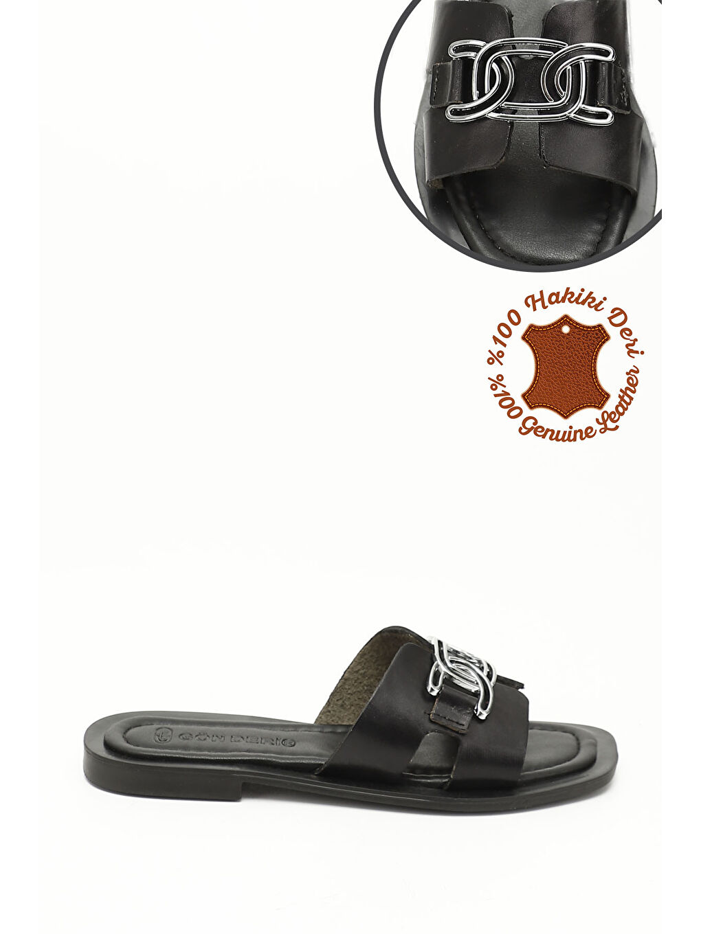 Mor Kadın ZÜMRÜT-SİYAH Tokalı Hakiki Deri Terlik-2