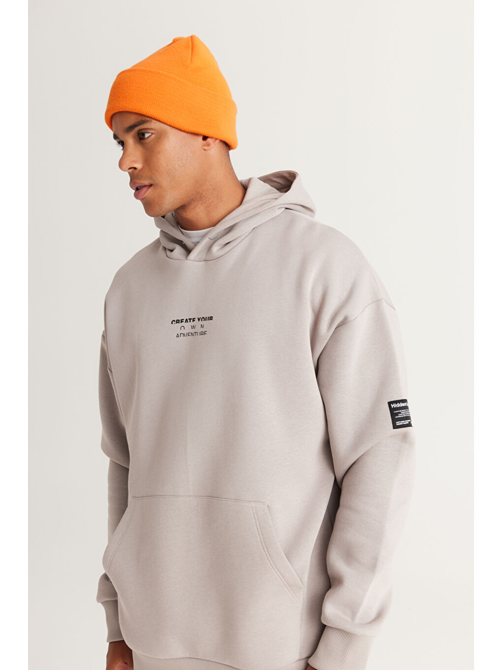 Erkek Açık Gri Oversize Fit Bol Kesim Kapüşonlu İçi Polarlı Pamuklu Sweatshirt-2