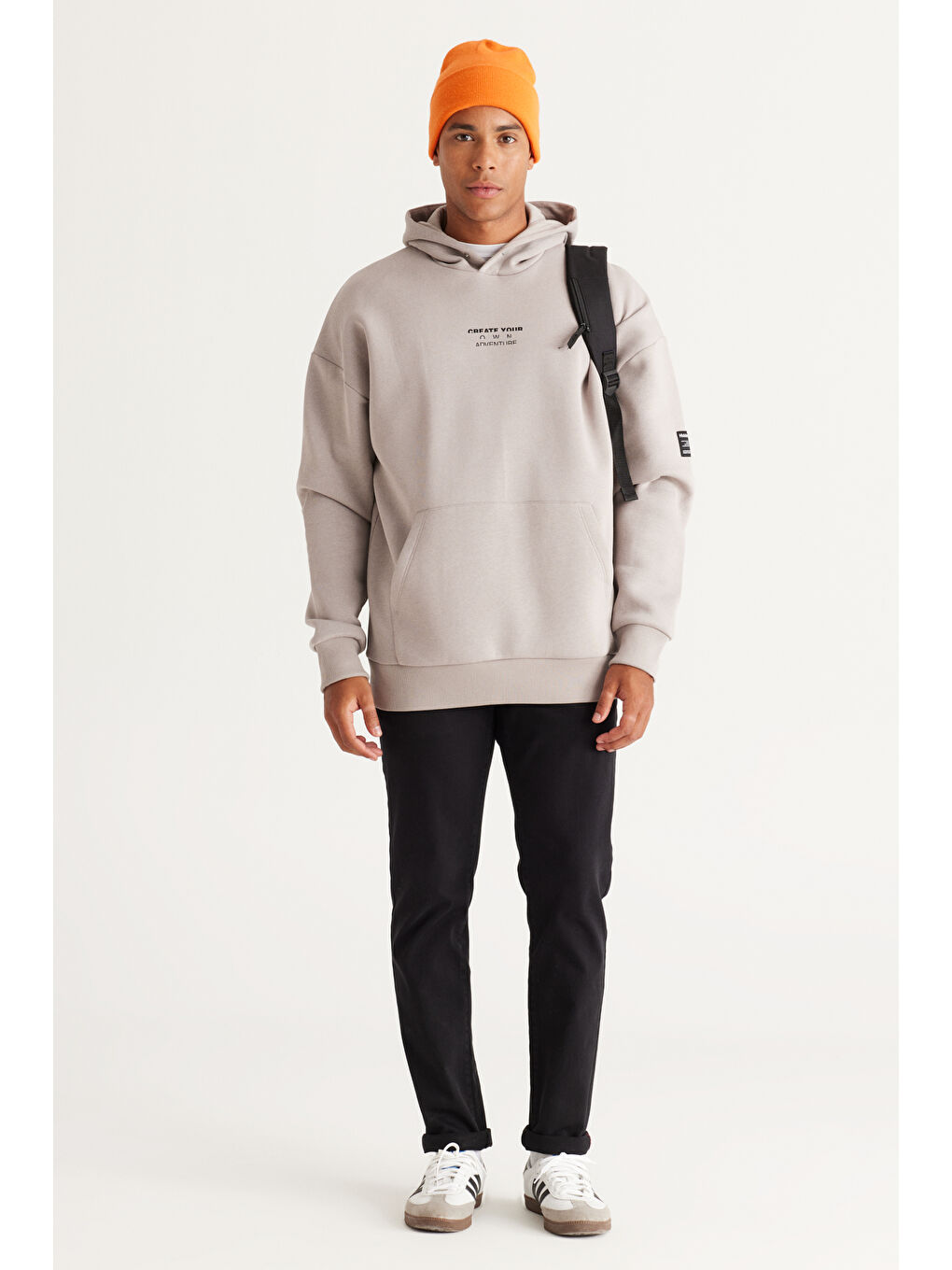 Erkek Açık Gri Oversize Fit Bol Kesim Kapüşonlu İçi Polarlı Pamuklu Sweatshirt-3