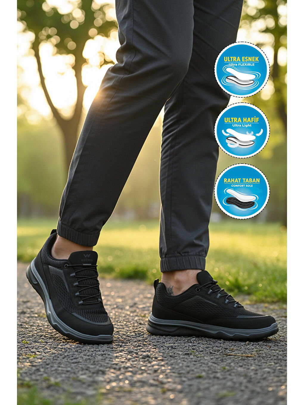 Siyah Fileli Hafif Esnek Hava Alabilen Erkek Spor Ayakkabı Elvara M-2