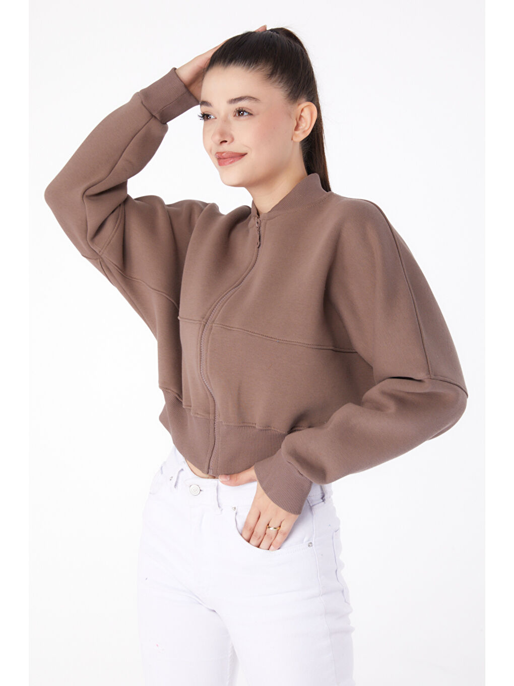 TOFİSA Bej Düz Hakim Yaka Kadın Vizon Fermuarlı Crop Sweatshirt - 26274