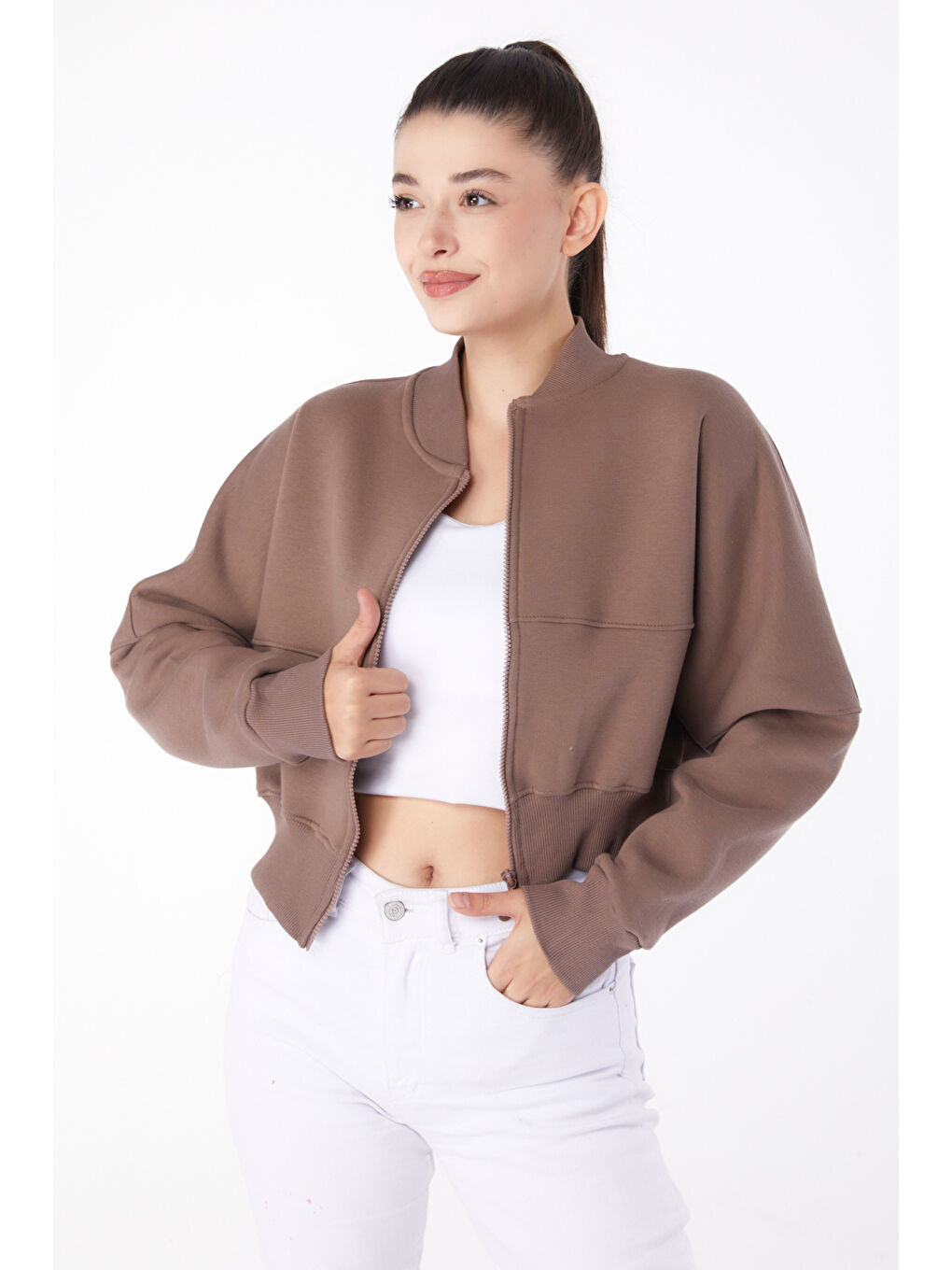 TOFİSA Bej Düz Hakim Yaka Kadın Vizon Fermuarlı Crop Sweatshirt - 26274 - 1