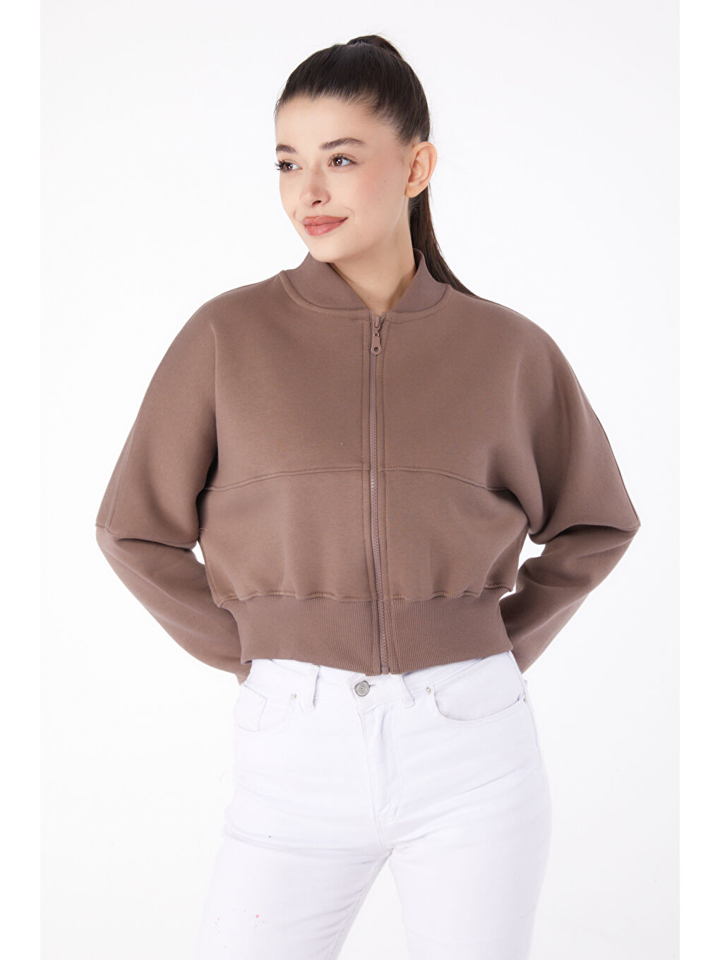 TOFİSA Bej Düz Hakim Yaka Kadın Vizon Fermuarlı Crop Sweatshirt - 26274 - 2