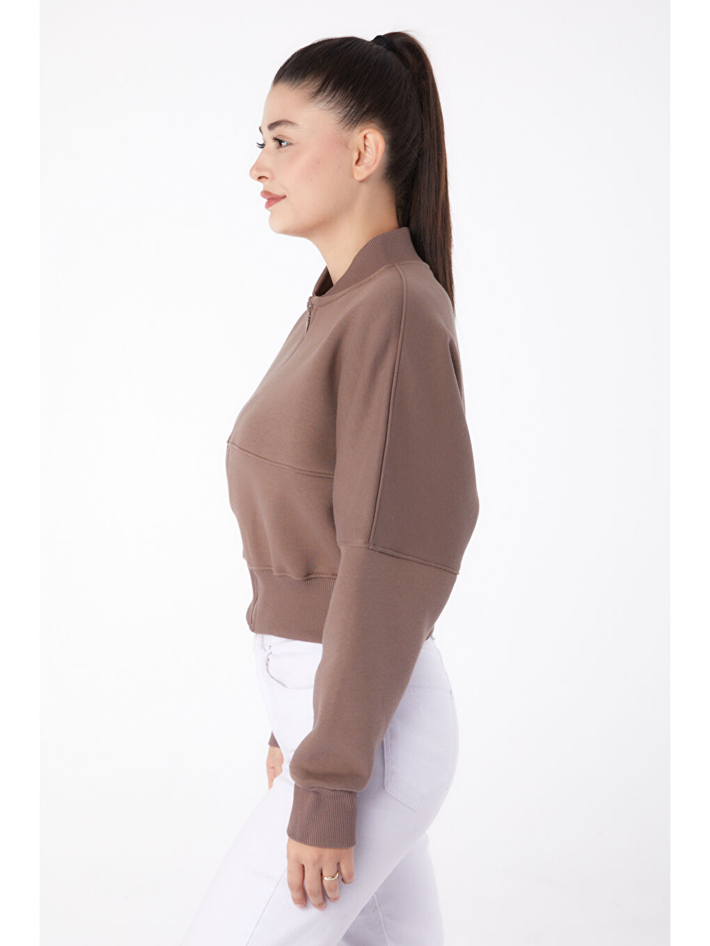 TOFİSA Bej Düz Hakim Yaka Kadın Vizon Fermuarlı Crop Sweatshirt - 26274 - 3