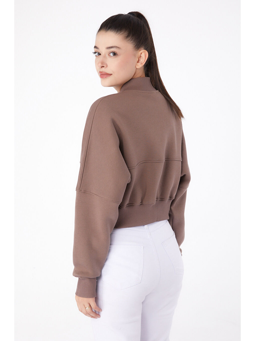 TOFİSA Bej Düz Hakim Yaka Kadın Vizon Fermuarlı Crop Sweatshirt - 26274 - 4