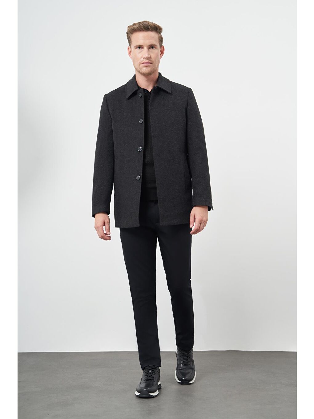 Siyah Kaşe Bebe Yaka Düz Yırtmaçsız Sırt Kapitoneli Astar Comfort Fit Classic Kaban 1008245153-1