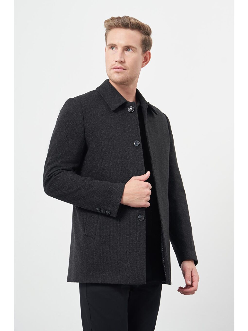 Siyah Kaşe Bebe Yaka Düz Yırtmaçsız Sırt Kapitoneli Astar Comfort Fit Classic Kaban 1008245153-2