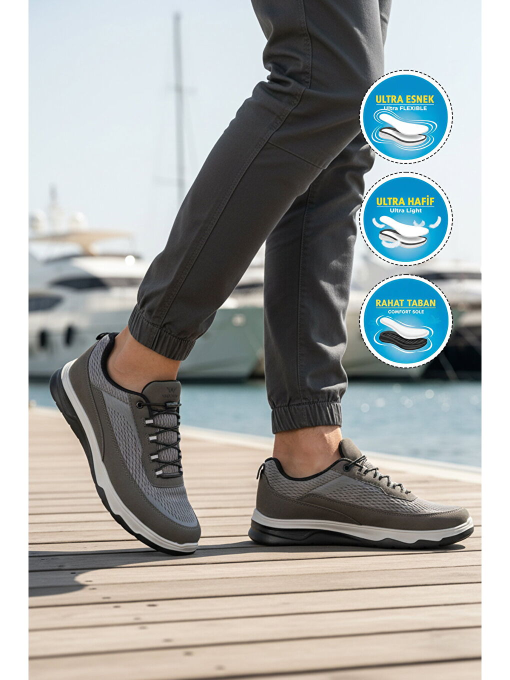 Gri Füme Fileli Hafif Esnek Hava Alabilen Erkek Spor Ayakkabı Elvara M-2