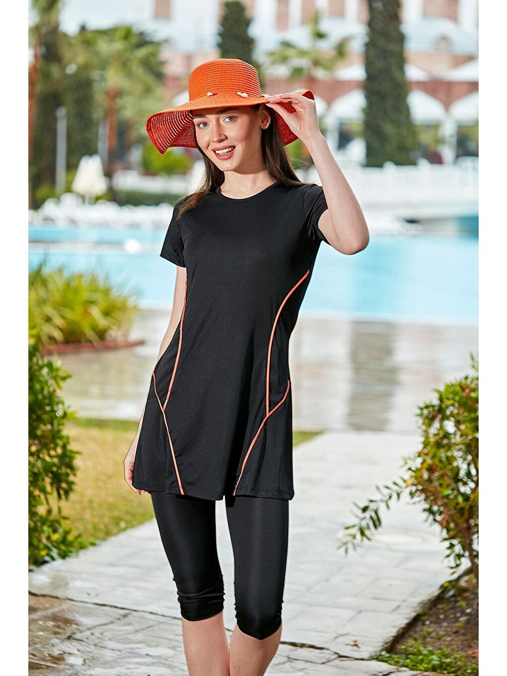 Yarı Kapalı Mayo Kısa Kollu Turuncu Çizgili R015 Siyah-6