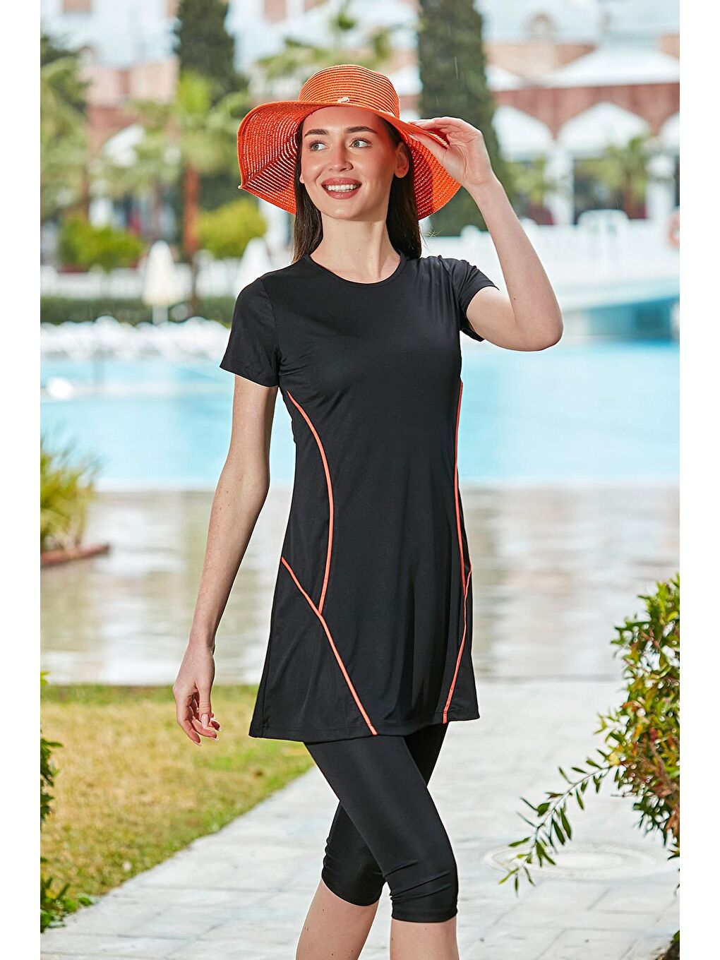 Yarı Kapalı Mayo Kısa Kollu Turuncu Çizgili R015 Siyah-7