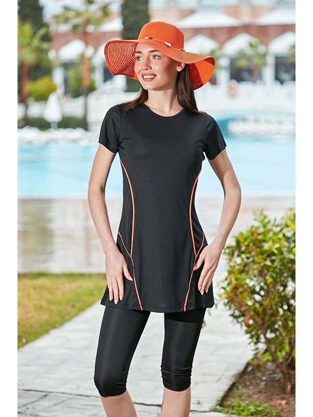 Yarı Kapalı Mayo Kısa Kollu Turuncu Çizgili R015 Siyah-8