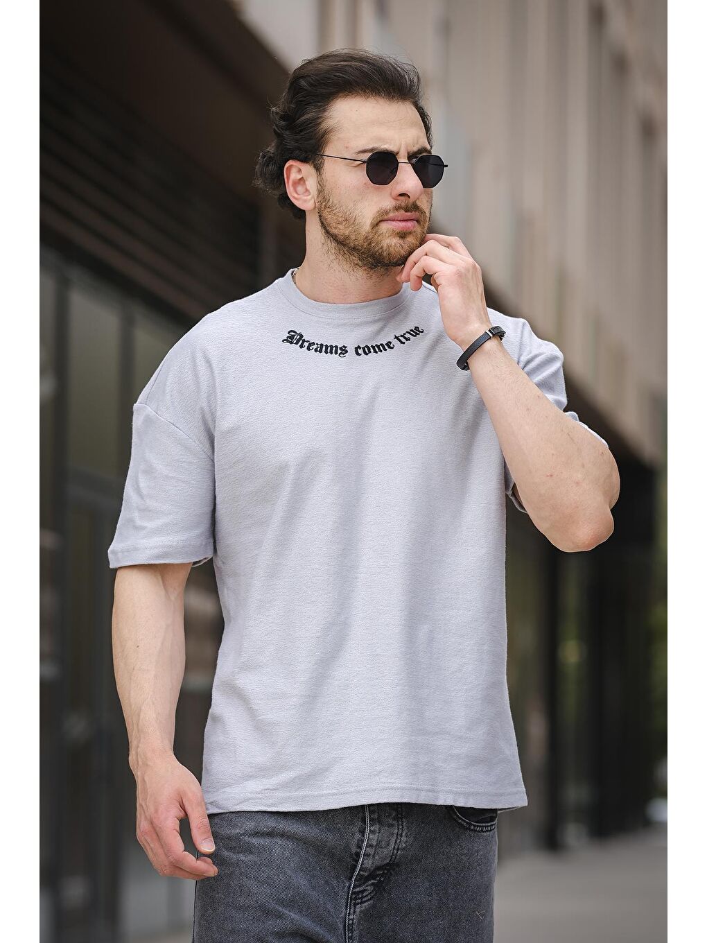 Gri Bisiklet Yaka Kısa Kollu  Erkek Tişört-1