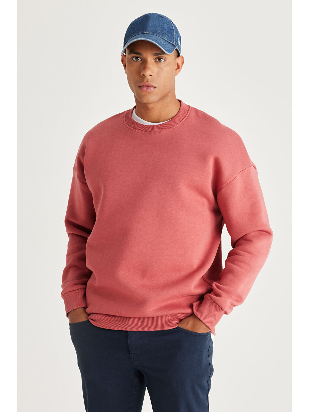 Erkek Mercan Oversize Fit Bol Kesim Pamuklu İçi Polarlı Bisiklet Yaka Sweatshirt