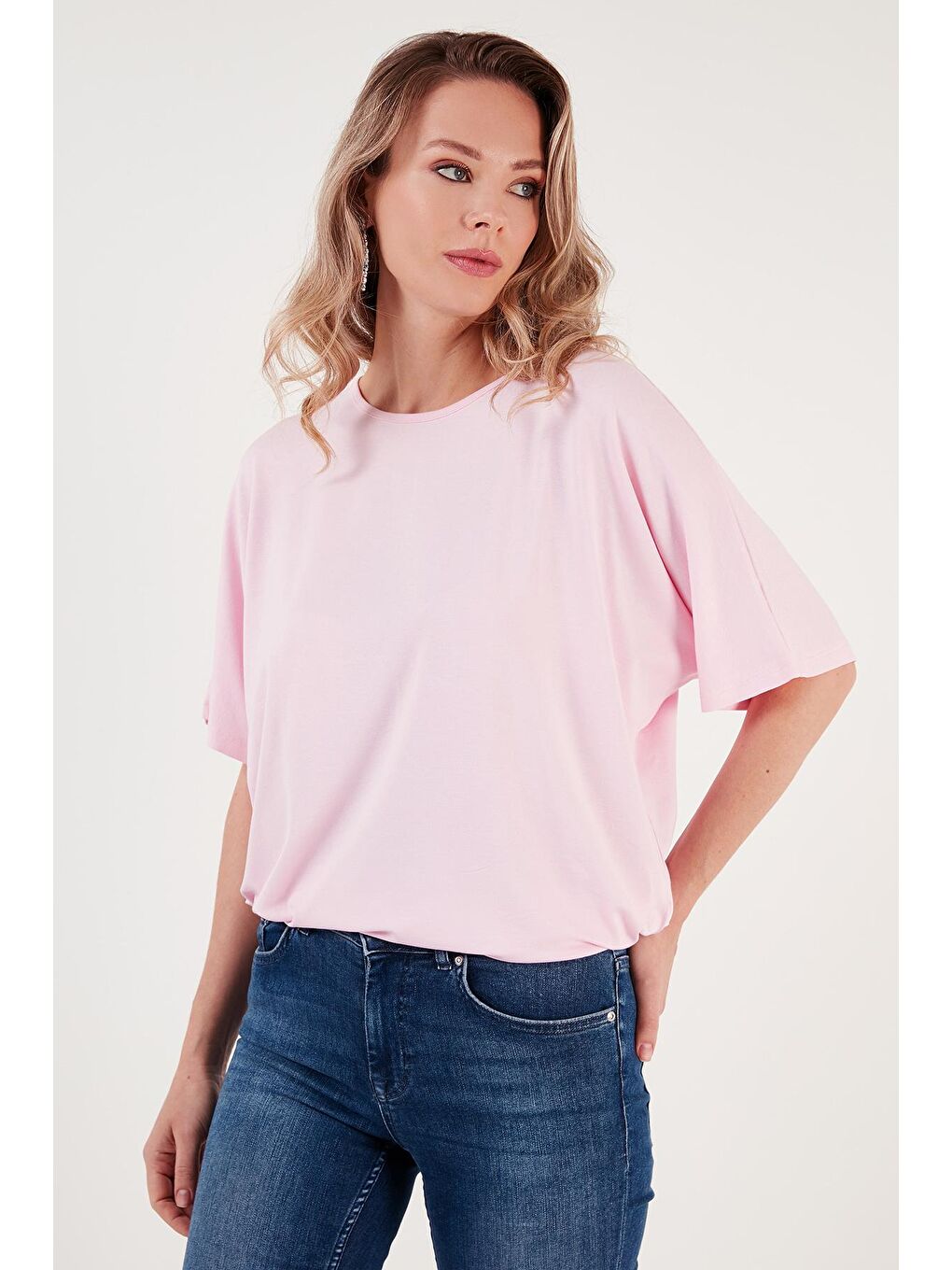 Lela Açık Pembe Bisiklet Yaka Oversize Esnek Dokulu Bluz 5864528 - 1