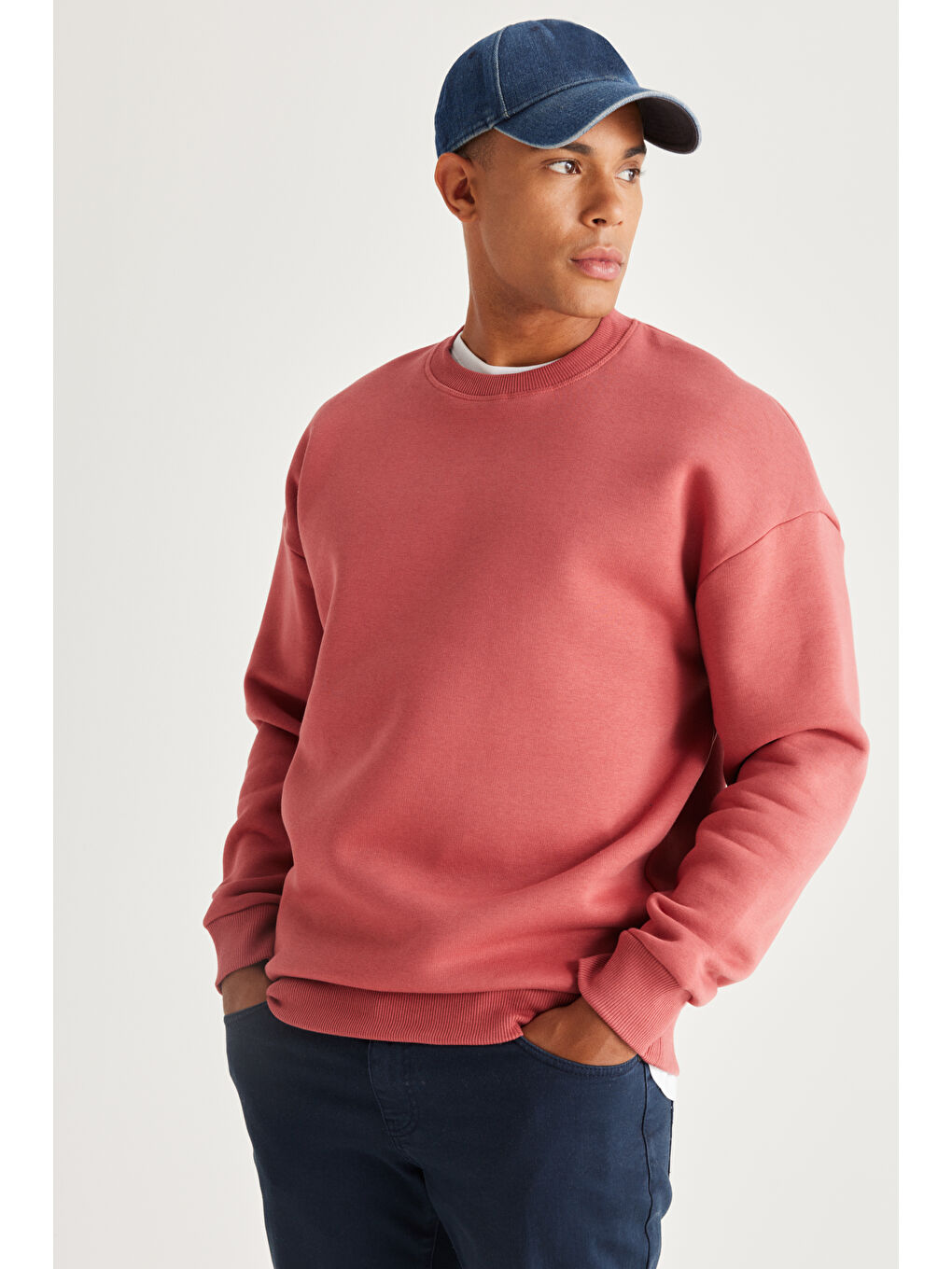 Erkek Mercan Oversize Fit Bol Kesim Pamuklu İçi Polarlı Bisiklet Yaka Sweatshirt-2