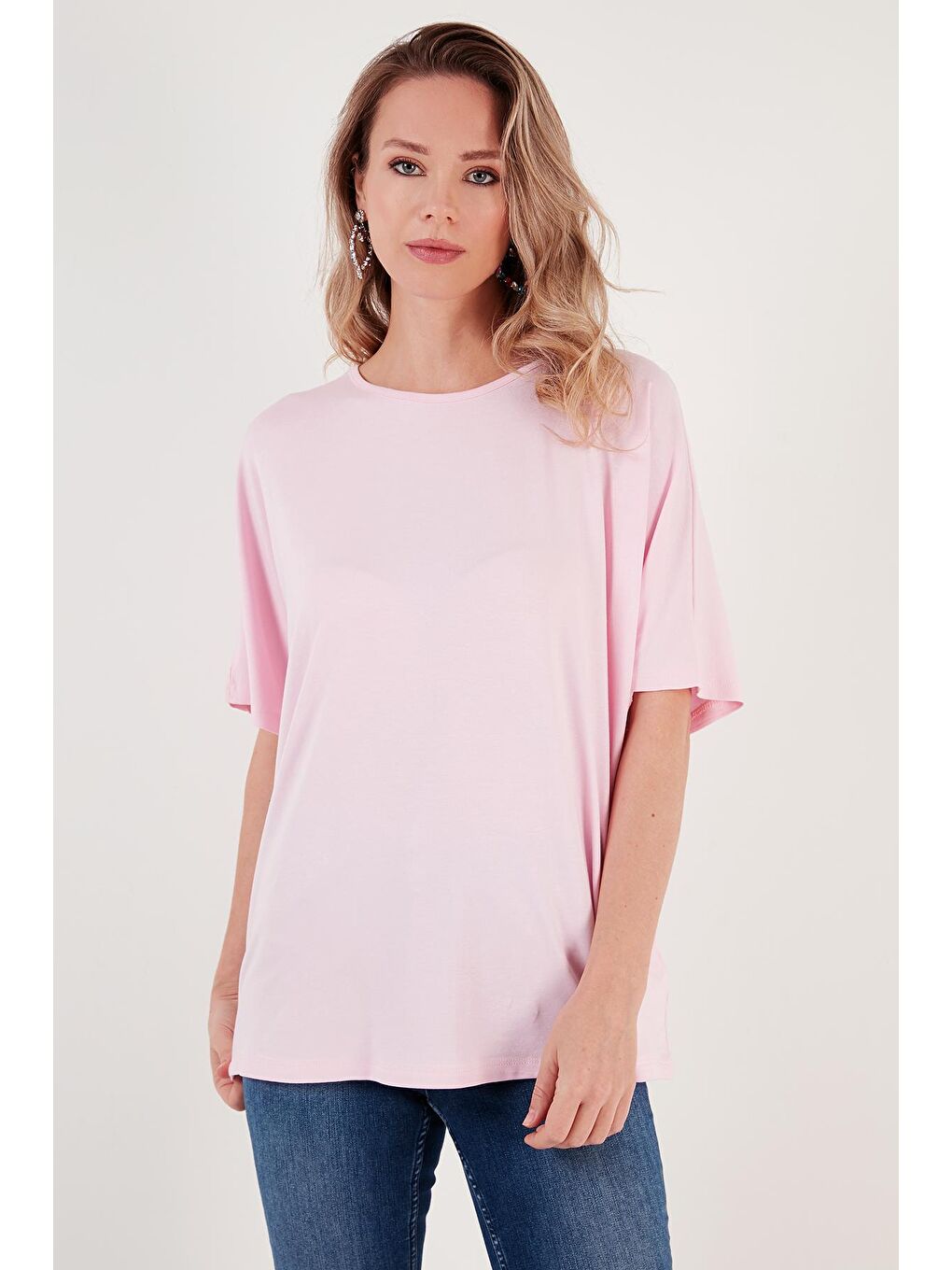 Lela Açık Pembe Bisiklet Yaka Oversize Esnek Dokulu Bluz 5864528 - 2