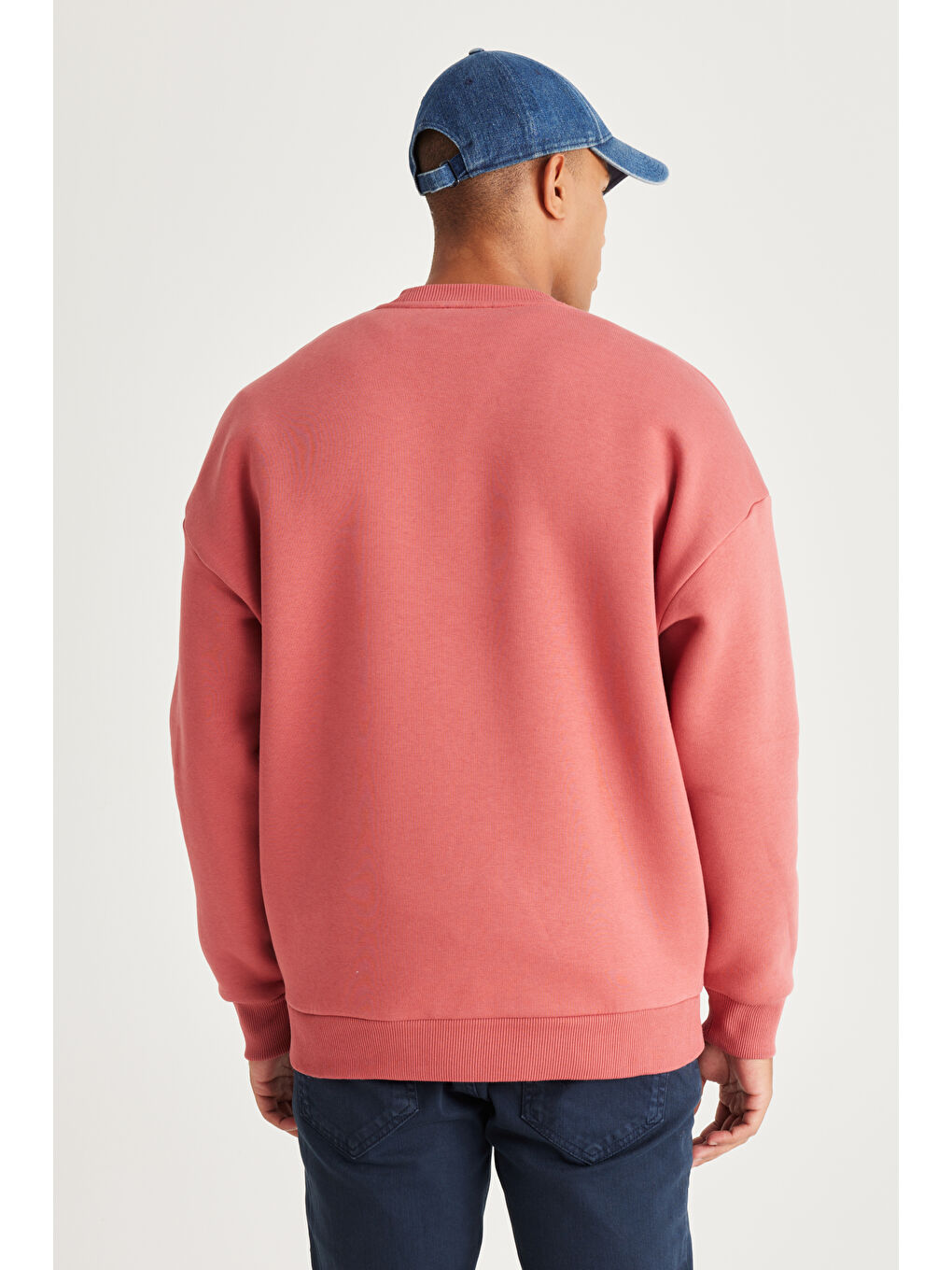 Erkek Mercan Oversize Fit Bol Kesim Pamuklu İçi Polarlı Bisiklet Yaka Sweatshirt-4