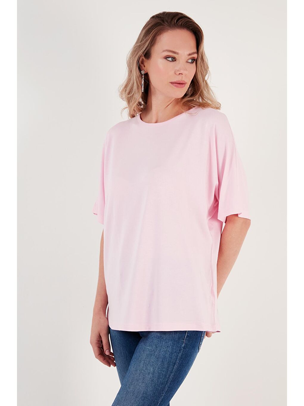 Lela Açık Pembe Bisiklet Yaka Oversize Esnek Dokulu Bluz 5864528 - 3