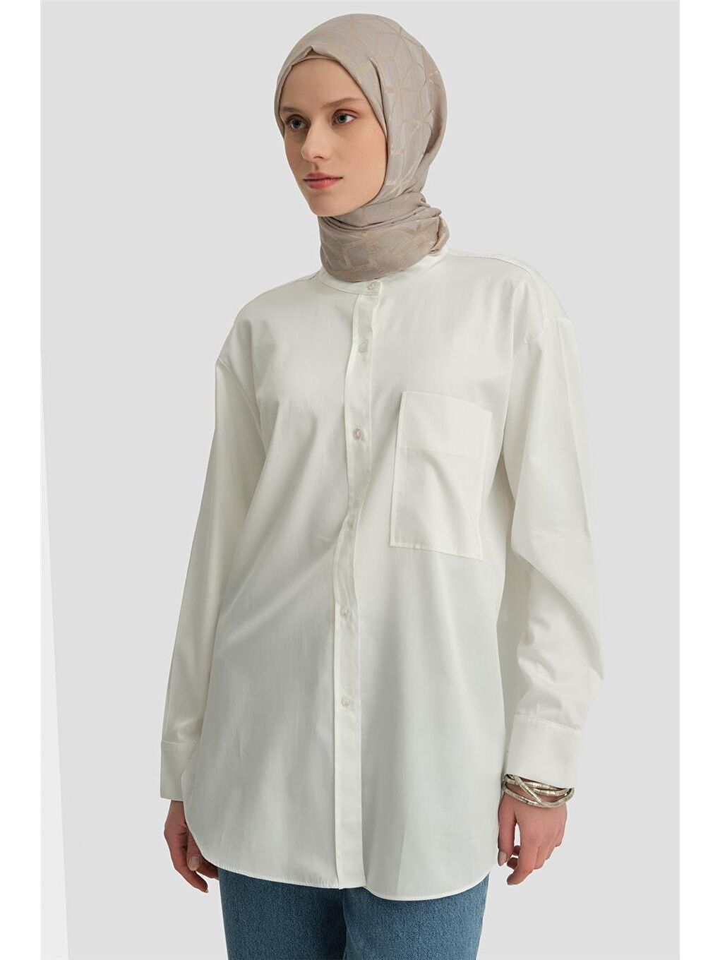 Bej Hakim Yakalı Tek Cepli Gömlek Ort3633 Ekru-3