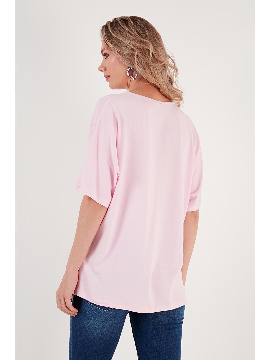 Lela Açık Pembe Bisiklet Yaka Oversize Esnek Dokulu Bluz 5864528 - 4