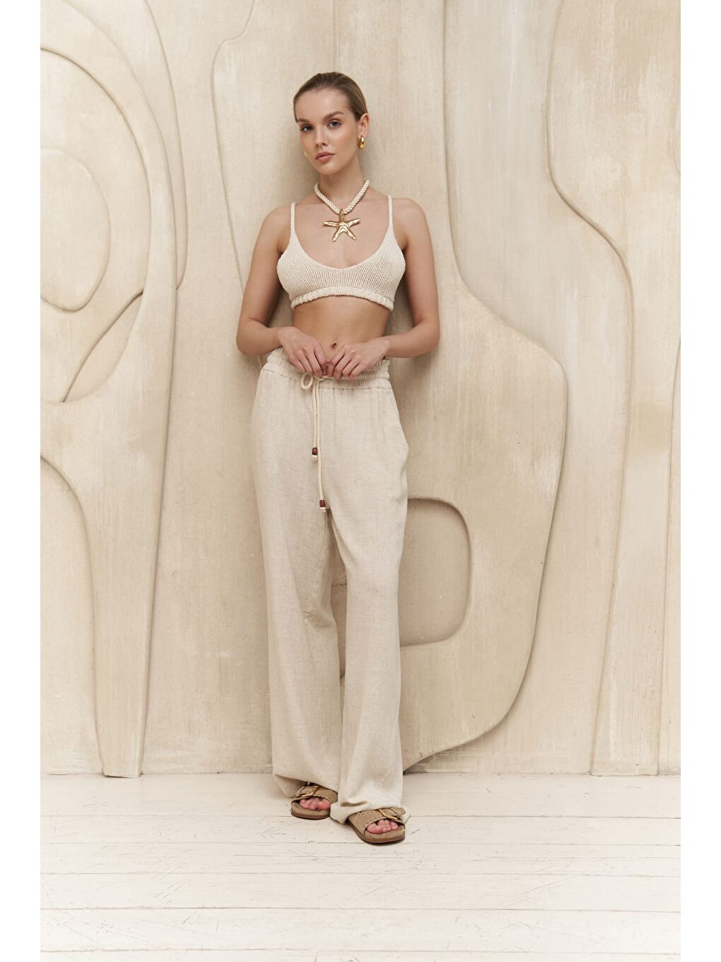 Rowena İp Detay Bej Pantolon