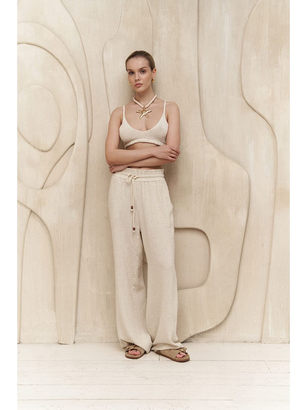Rowena İp Detay Bej Pantolon-1