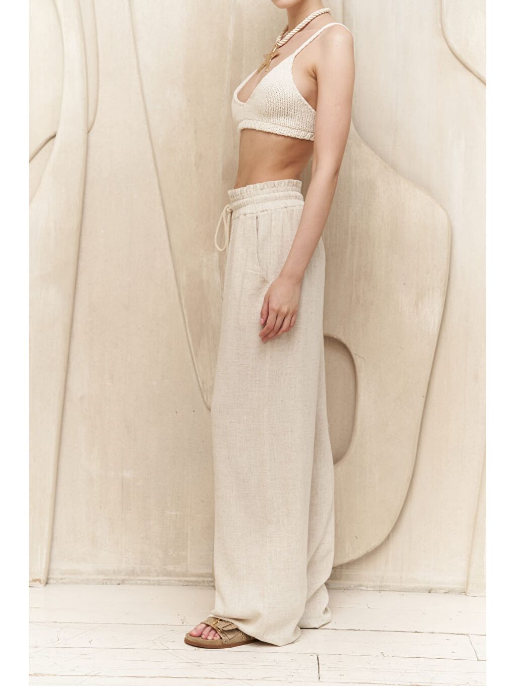 Rowena İp Detay Bej Pantolon-2