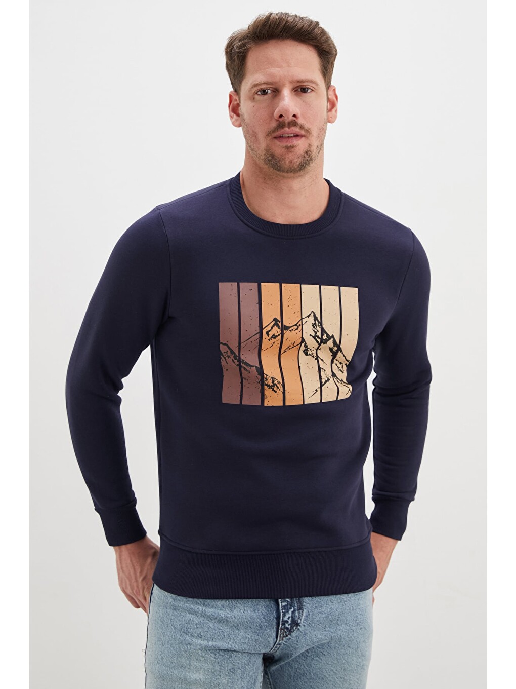 Lacivert 3 İplik Dağ Baskılı Bisiklet Yaka Sweatshirt-4