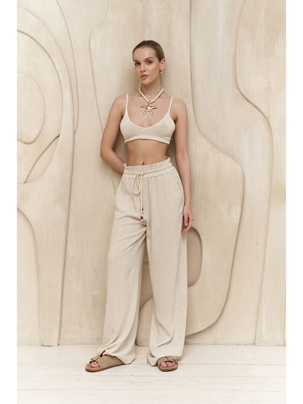 Rowena İp Detay Bej Pantolon-3