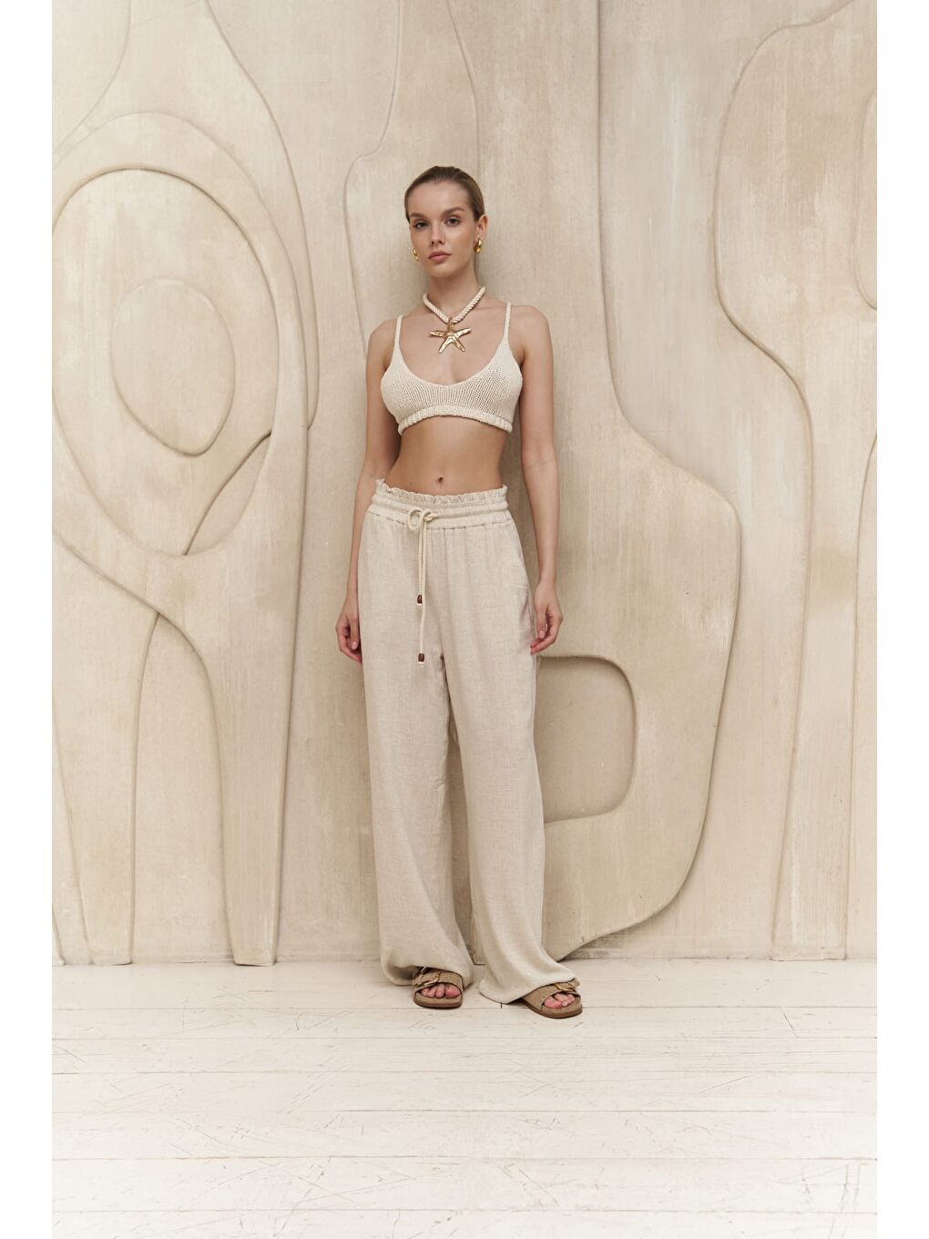Rowena İp Detay Bej Pantolon-4