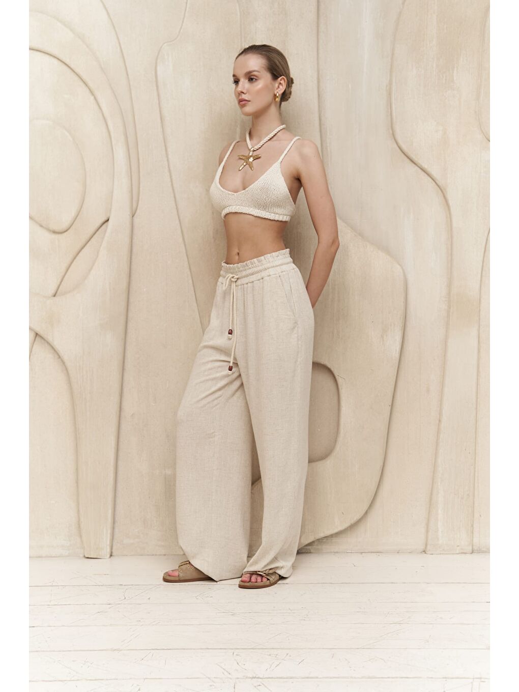 Rowena İp Detay Bej Pantolon-5