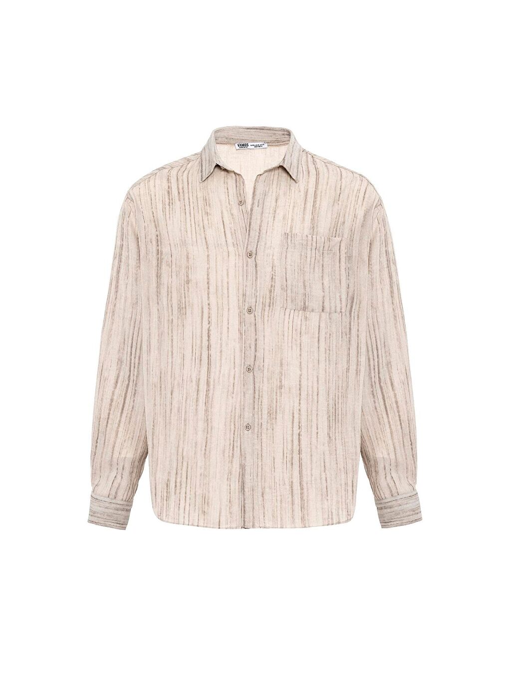 Oversize Keten Görünümlü Uzun Kollu Gömlek Bej-1