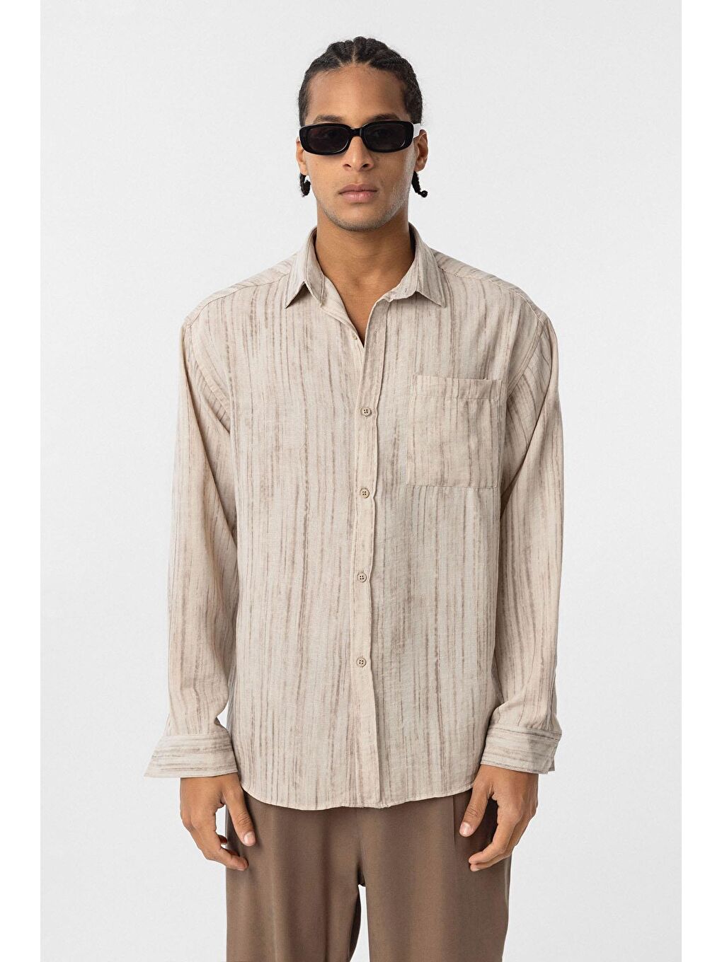 Oversize Keten Görünümlü Uzun Kollu Gömlek Bej-2