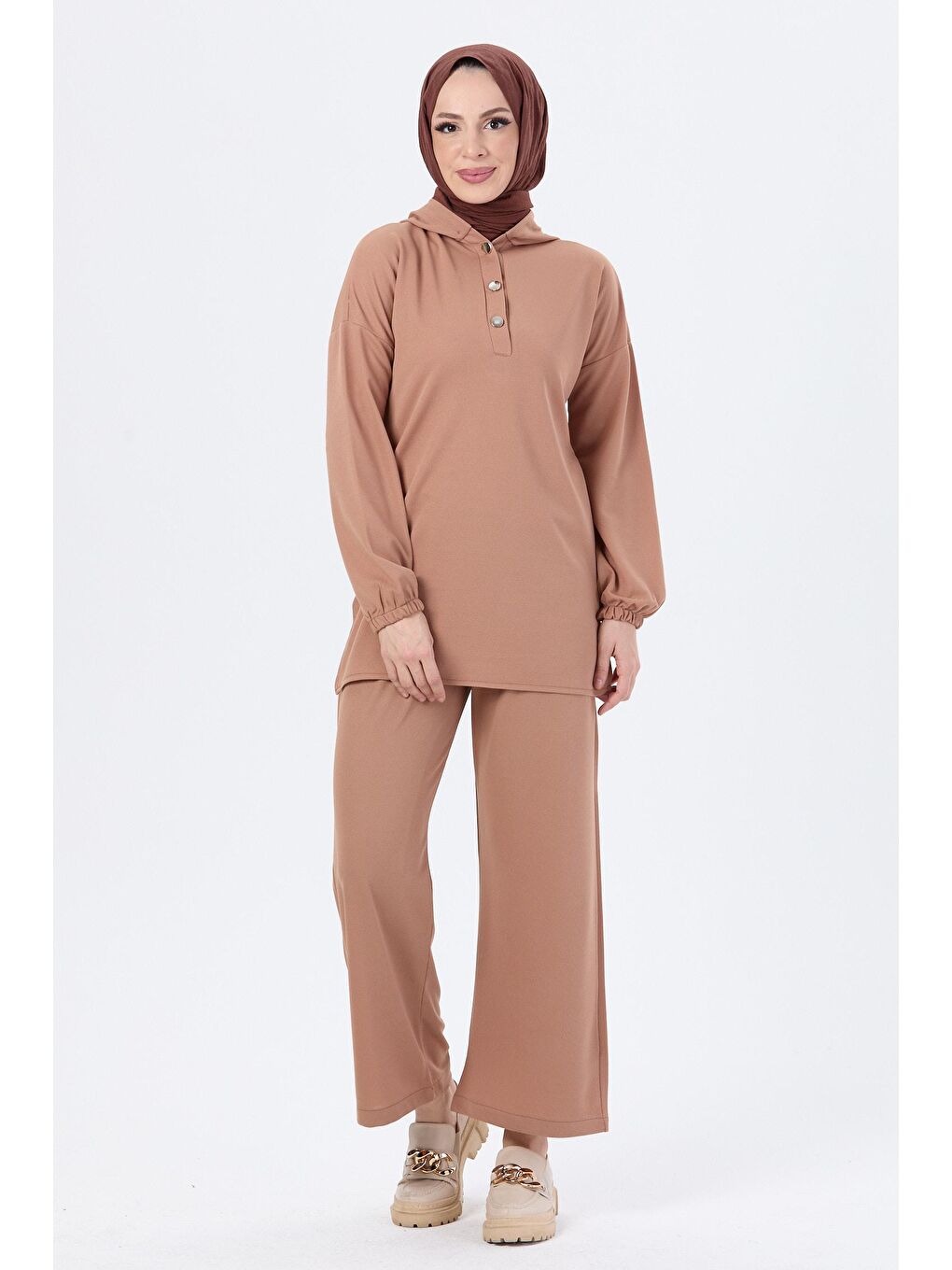 Bej Kapüşonlu Yaka Kadın Vizon Tunik Pantolon - 13078