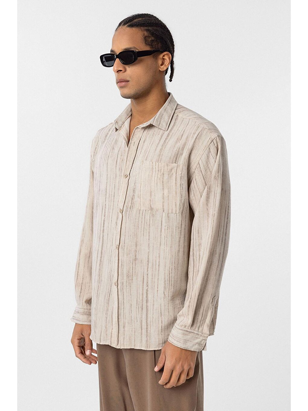 Oversize Keten Görünümlü Uzun Kollu Gömlek Bej-3