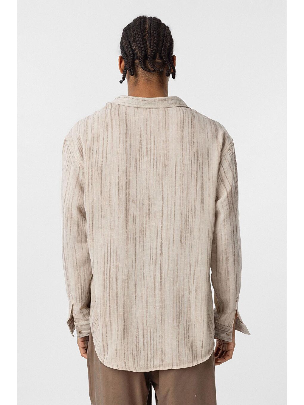 Oversize Keten Görünümlü Uzun Kollu Gömlek Bej-4