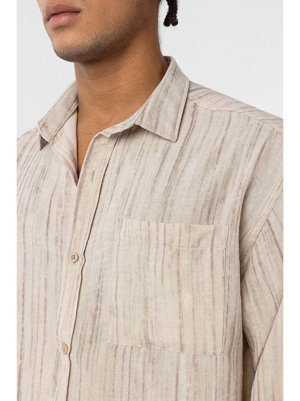 Oversize Keten Görünümlü Uzun Kollu Gömlek Bej-5