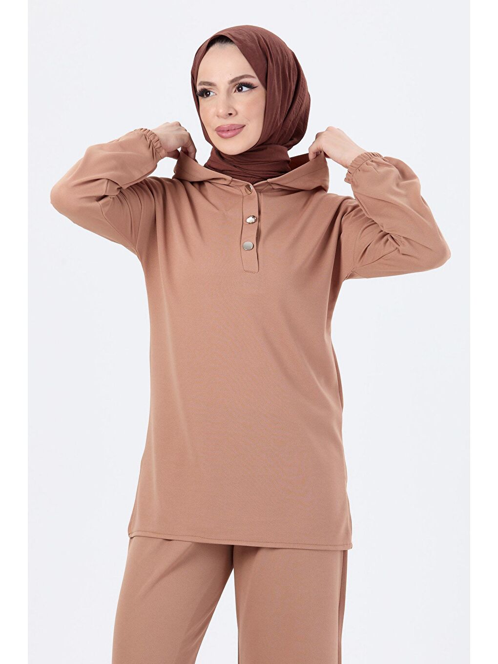 Bej Kapüşonlu Yaka Kadın Vizon Tunik Pantolon - 13078-1