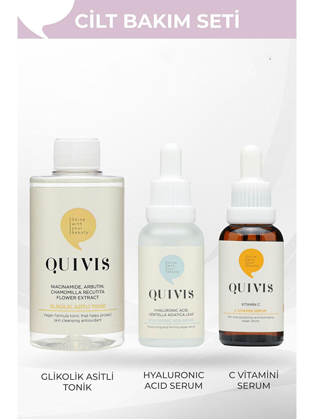 quivis Renksiz 3’lü Cilt Bakım Seti- Glikolik Asit Tonik 200ml - C Vitamini Serum 30ml ve Hyaluronik Serum 30ml